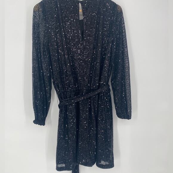 LDT Sequin Dress Black Cocktail Date Night Dressy Sheer Sleeves Tie Waist 12 - Picture 3 of 11